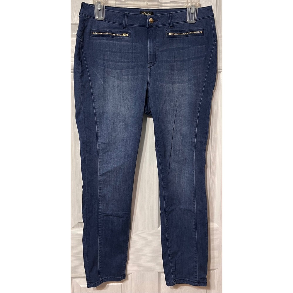 Thalia Sodi Womens Sz 16 Dark Wash Skinny Jeans Gold Zipper Accent (34x28)